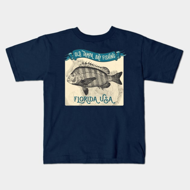 Old Tampa Bay Fishing Sheepshead Kids T-Shirt by HighBrowDesigns